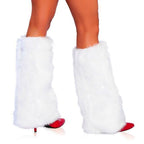 White faux fur leg warmers for Roma costume, knee-high, paired with red heels.