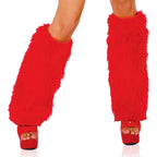 Red Roma Costume women's faux fur leg warmers worn with platform heels, deluxe costume accessory.