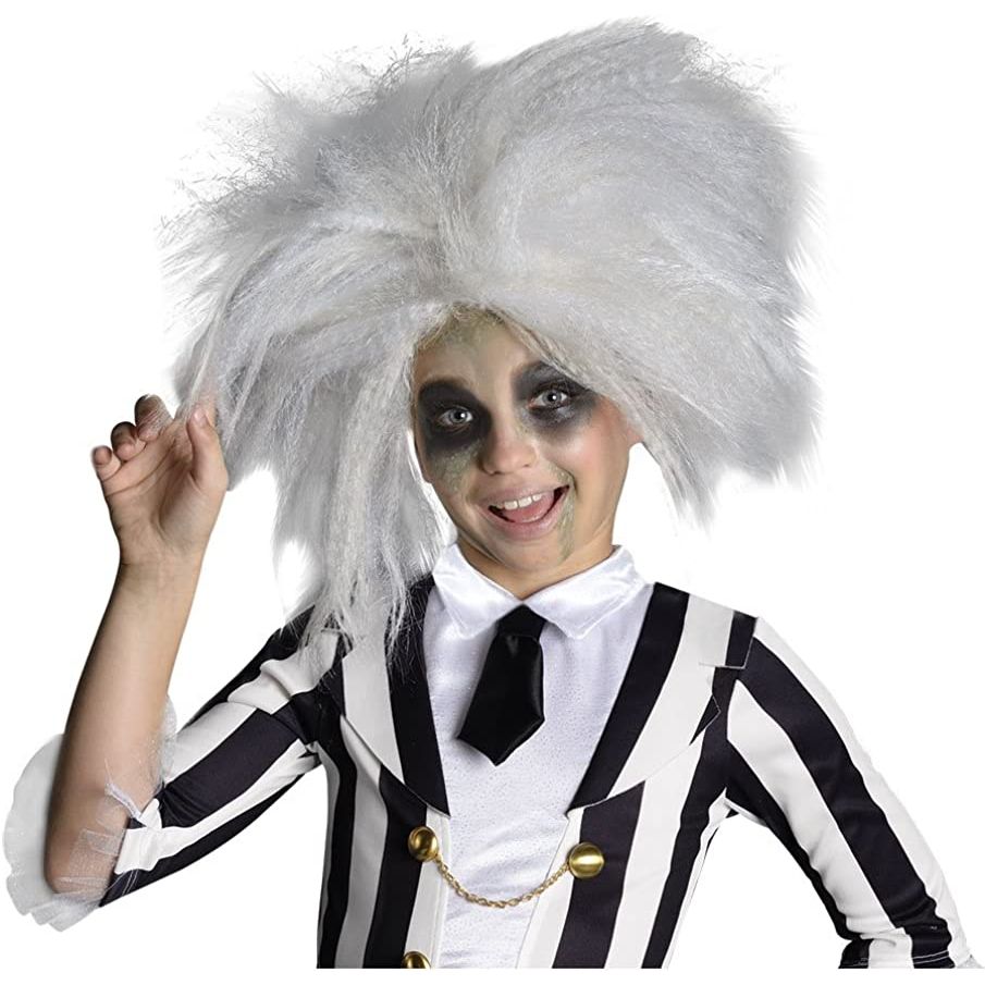 Rubie's Child Beetlejuice wig on a kid, with black-and-white striped suit and spooky makeup.