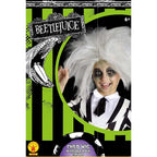 Child wearing Rubie's Beetlejuice wig with wild white hair and black-and-white striped costume.