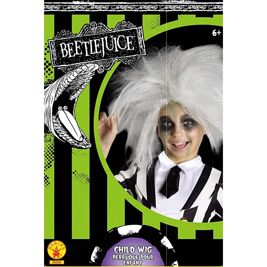 Child wearing Rubie's Beetlejuice wig with wild white hair and black-and-white striped costume.