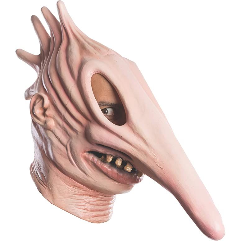 Beetlejuice Adam mask from Rubie's: latex mask with elongated nose and oversized teeth.