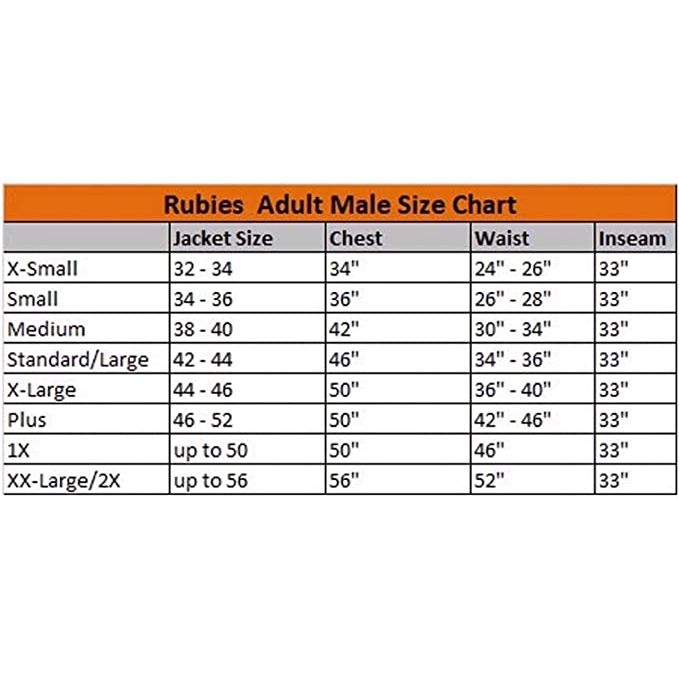 Rubies adult male costume size chart showing jacket sizes with chest, waist and inseam measurements