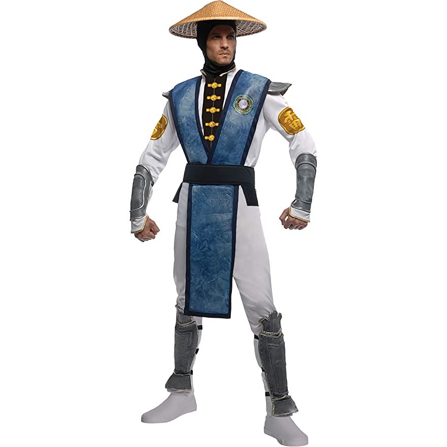 Rubie's Mortal Kombat Raiden costume jumpsuit with tabard, shoulder guards, belt, shin guards, hood, gauntlets.