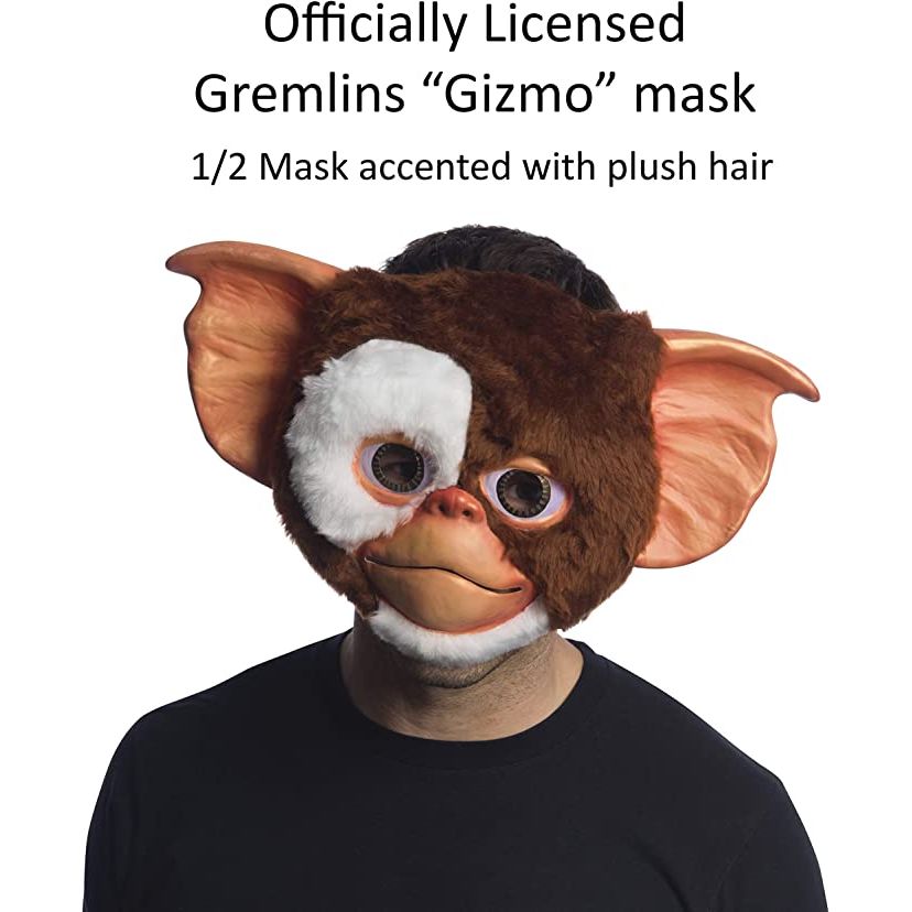 Gizmo Gremlins mask with plush fur and oversized ears worn by a person; officially licensed