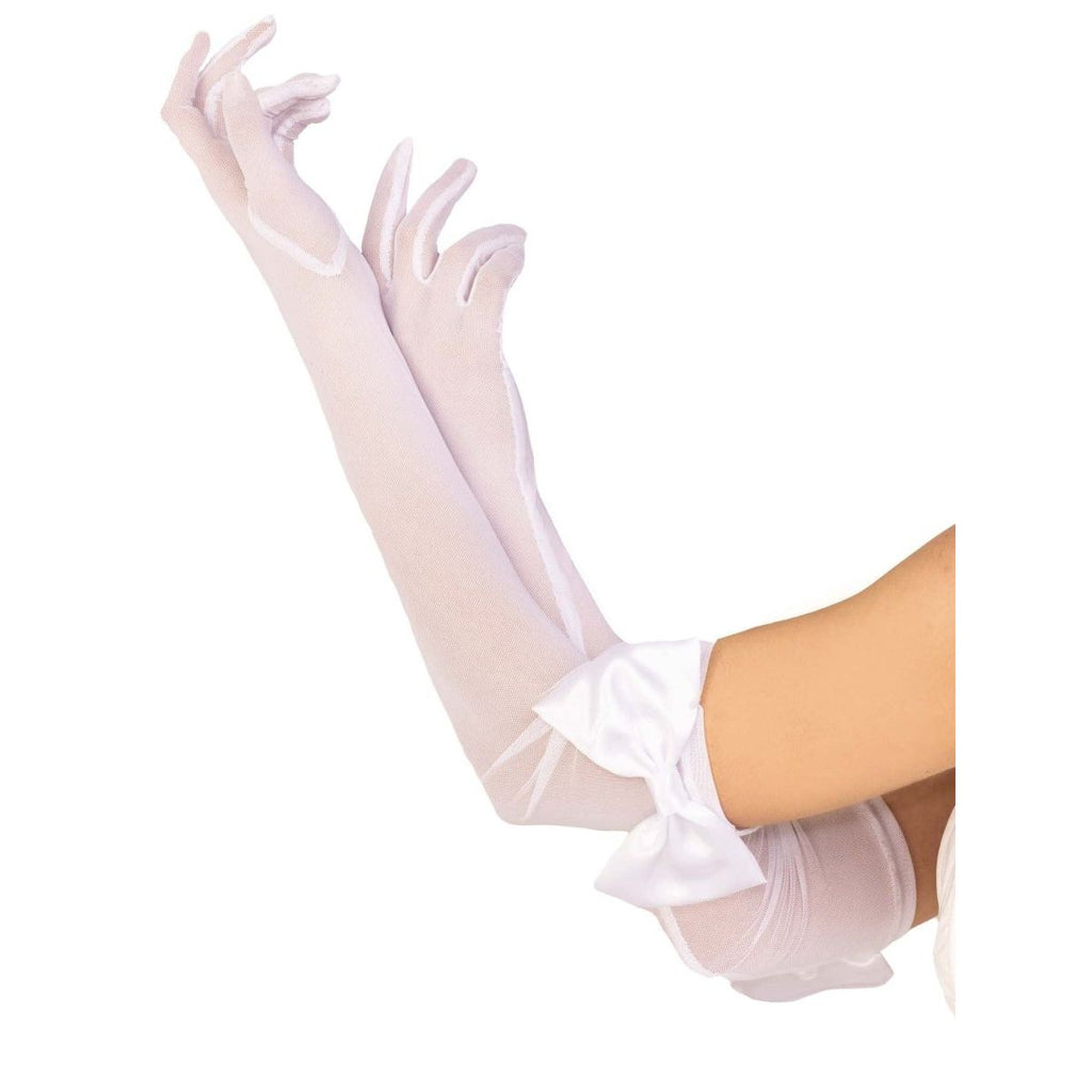 Ivory sheer elbow-length gloves with a satin bow at the wrist for evening wear.