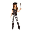 Seven Seas Hottie pirate costume with lace-up corset, front hooks and chain, black-and-white striped pants, sword.