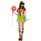 Sexy clown on the town costume with rainbow stockings, red shoes, white gloves, and heart balloon.