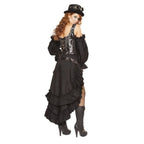 Sexy steampunk maiden costume on model: black corset, layered ruffle skirt, off-shoulder sleeves, top hat with goggles.