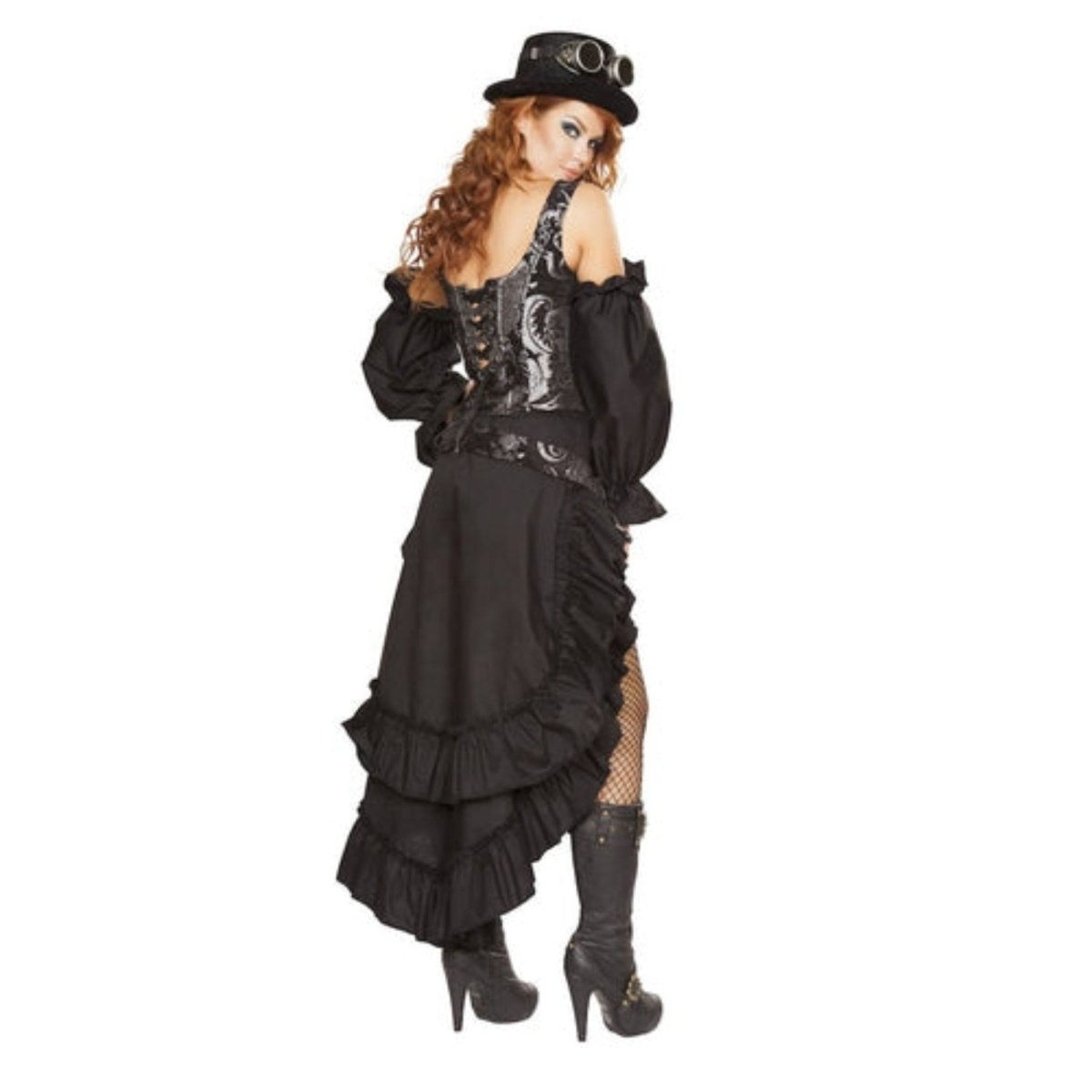 Sexy steampunk maiden costume on model: black corset, layered ruffle skirt, off-shoulder sleeves, top hat with goggles.