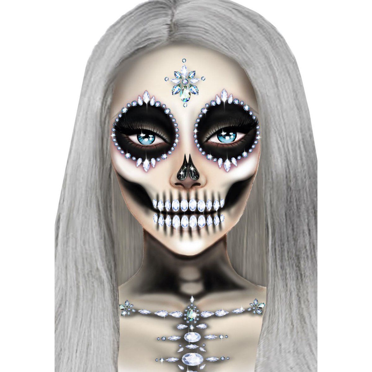 Skeleton Adhesive Face and Chest Jewel Stickers - worldclasscostumes