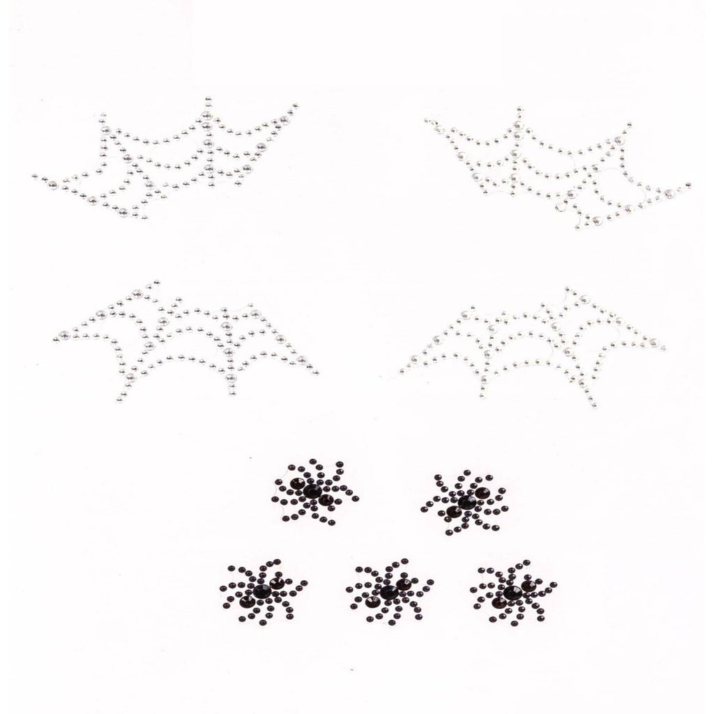 Spider web face jewels sticker designs featuring rhinestone crowns and starburst motifs.