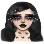 Illustrated woman with crystal spider web face jewels across forehead, cheeks, and neck.