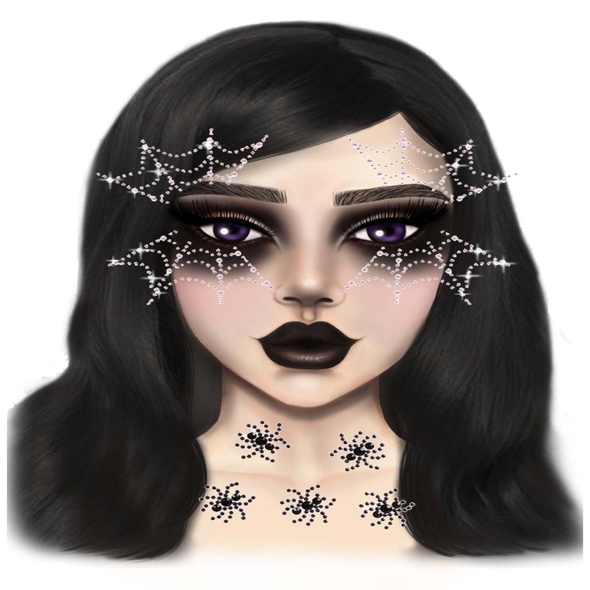 Illustrated woman with crystal spider web face jewels across forehead, cheeks, and neck.