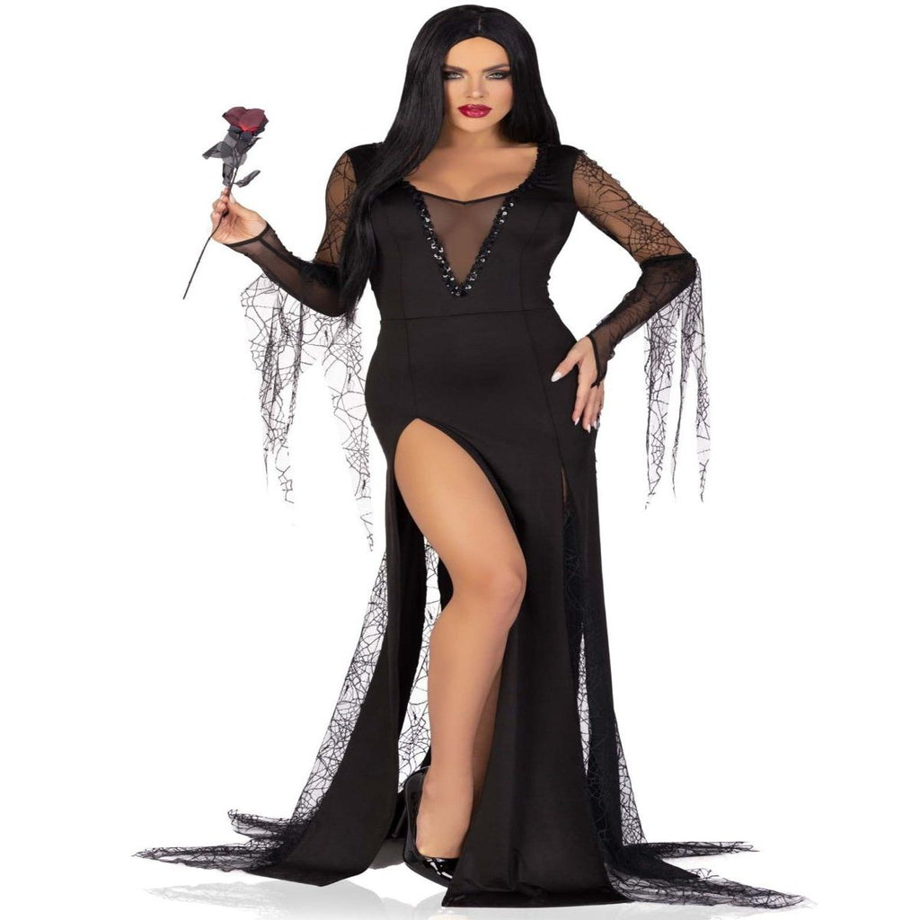 Spooky Beauty Costume: backless deep-v sequin-trim dress with ruched back, spiderweb sleeves, high-slit tentacle skirt.