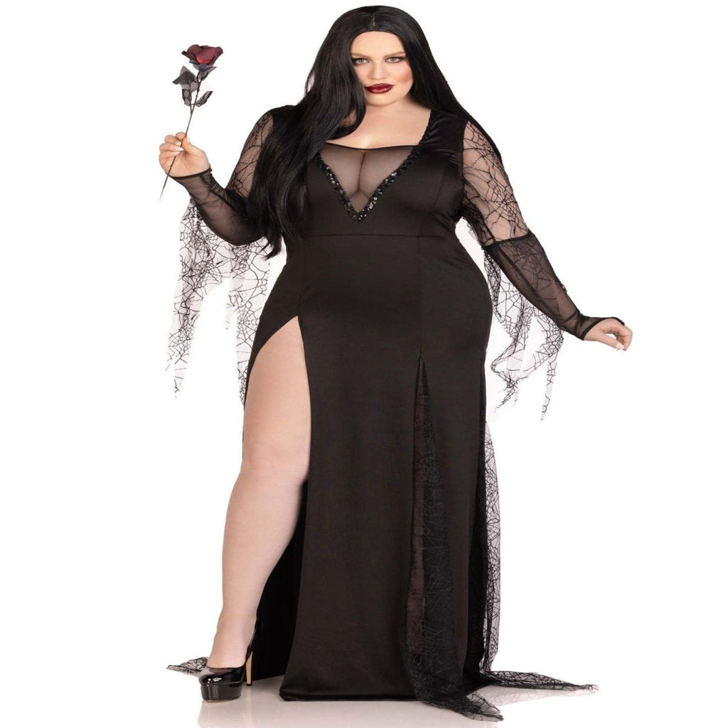 Spooky Beauty Costume: backless deep-V dress with sequin trim, spiderweb sleeves, high-slit tentacle skirt.