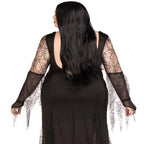 Spooky Beauty Costume: backless deep-V black dress with ruched back, spiderweb sleeves, and high-slit tentacle skirt.