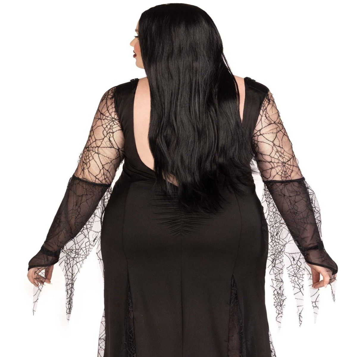Spooky Beauty Costume: backless deep-V black dress with ruched back, spiderweb sleeves, and high-slit tentacle skirt.
