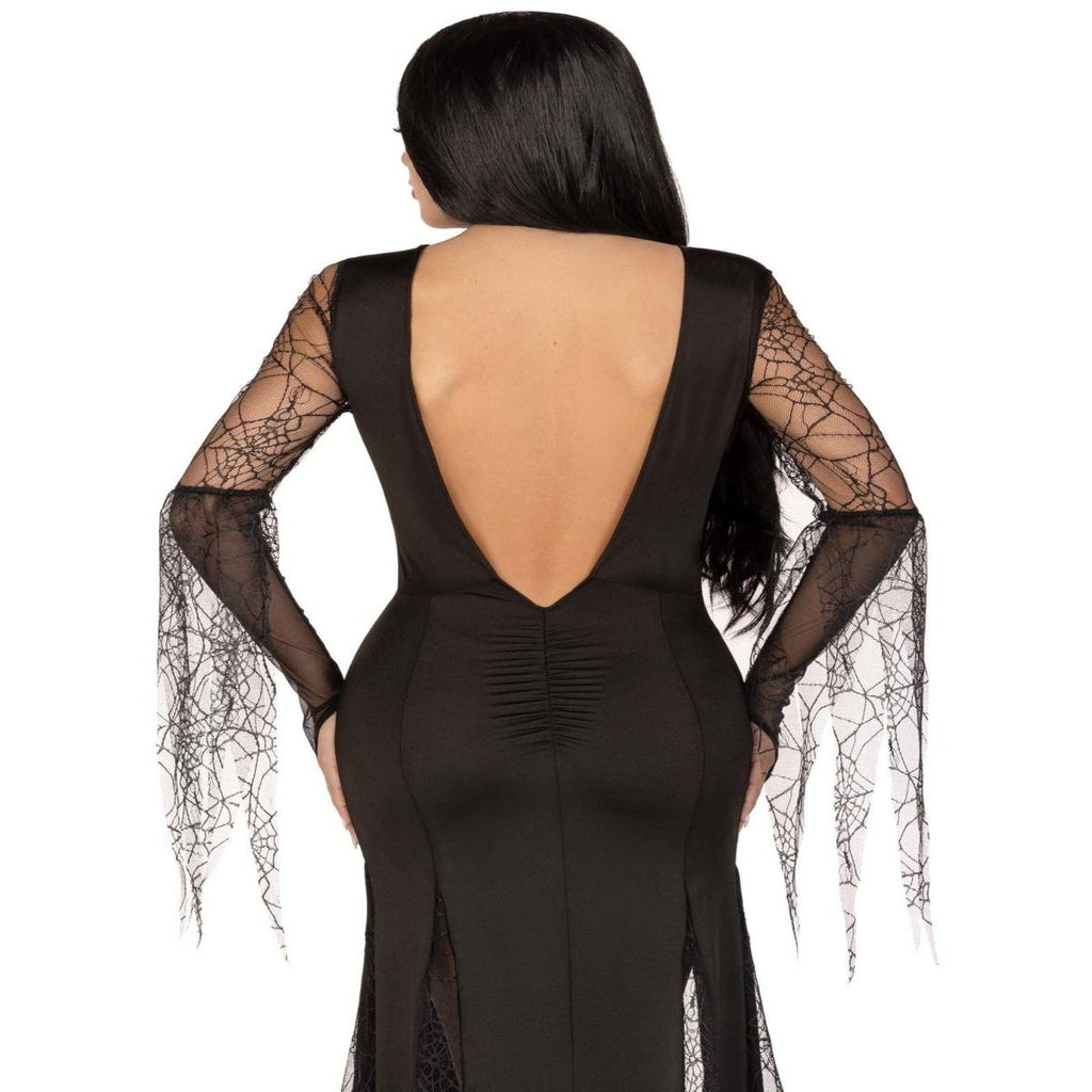 Back view of black Spooky Beauty Costume with backless deep-V dress, ruched back, and spiderweb lace gauntlet sleeves.