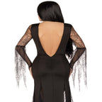Back view of black Spooky Beauty Costume with backless deep-V dress, ruched back, and spiderweb lace gauntlet sleeves.