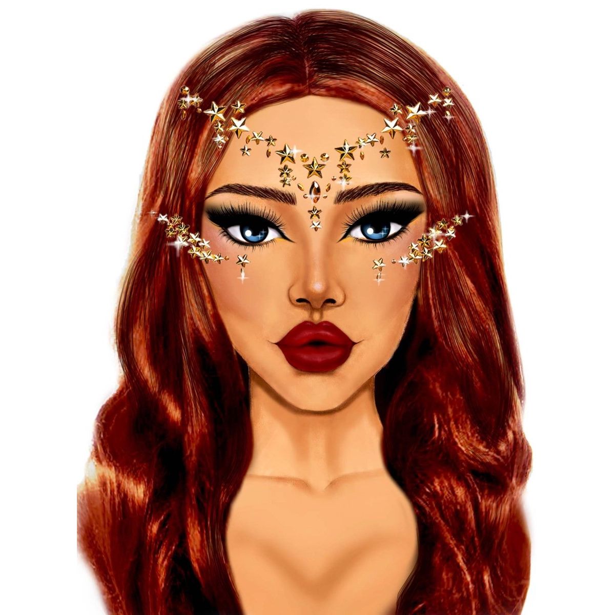 Star Sign Face Jewels Sticker on a model with gold star gems across the forehead and cheeks.