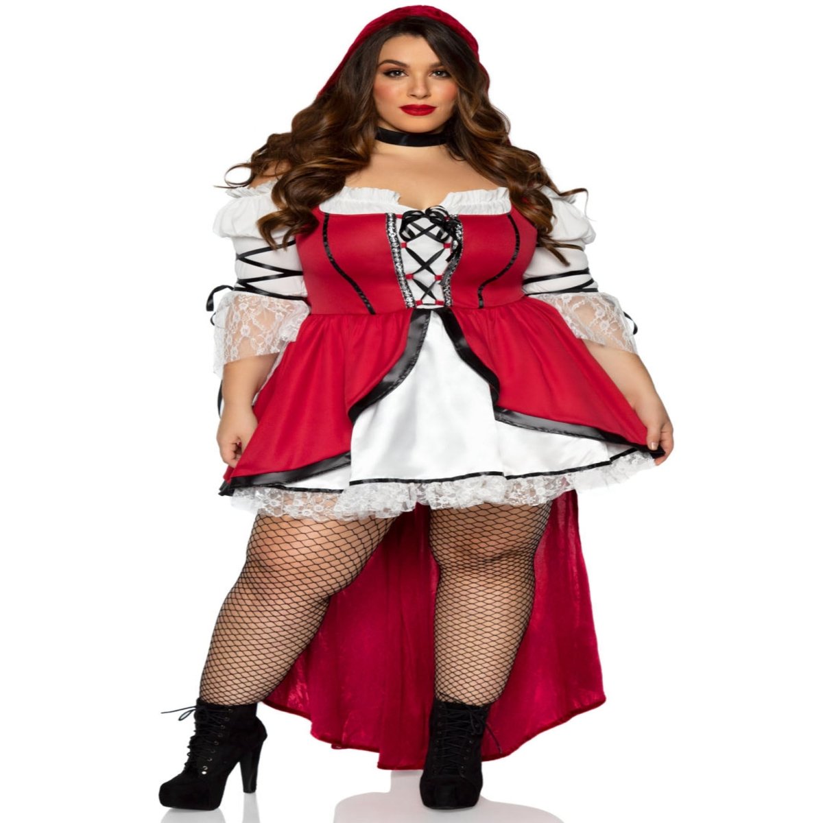 Storybook Red Riding Hood costume: red lace-up peasant dress with white accents and attached hooded cape.