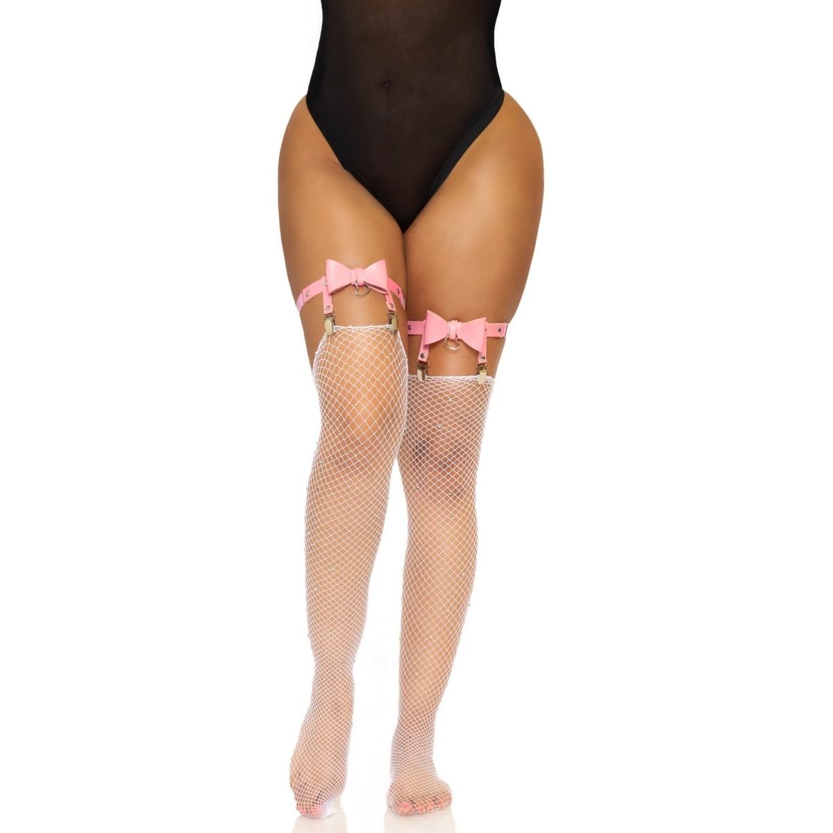 Street Chic pink vegan-leather thigh-high garters with bow accents and heart hardware on white fishnet stockings.