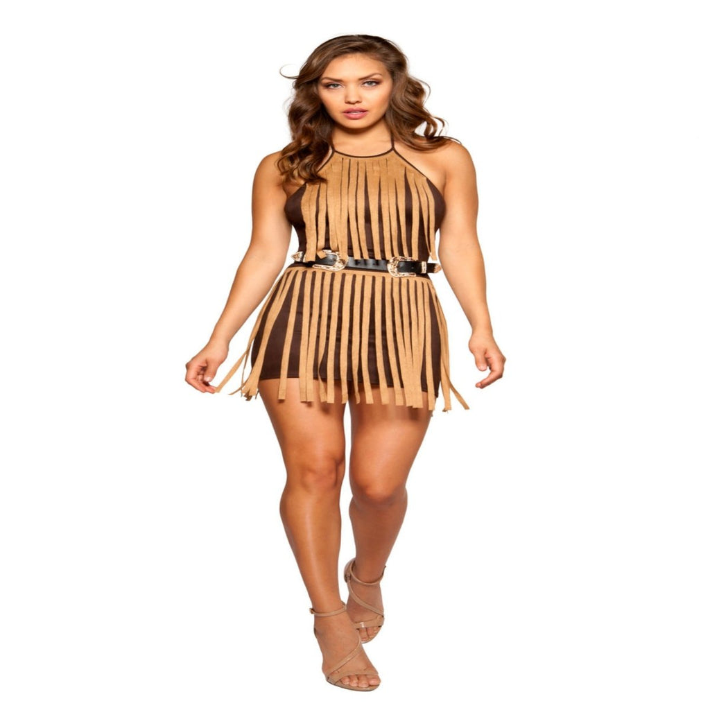 Plus-size model wearing tan suede dress with long fringe and belt.