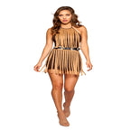 Plus-size model wearing tan suede dress with long fringe and belt.