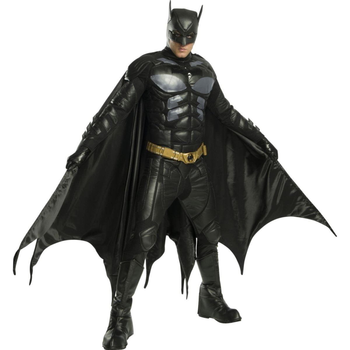 Dark Knight Trilogy padded Batman Deluxe Adult Costume with armored bodysuit, cape, mask, belt, gloves, and boot covers