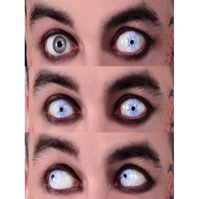 Thor white contact lenses with blue lightning lines on white base; narrow transparent pupil obstructs vision; non-wear.