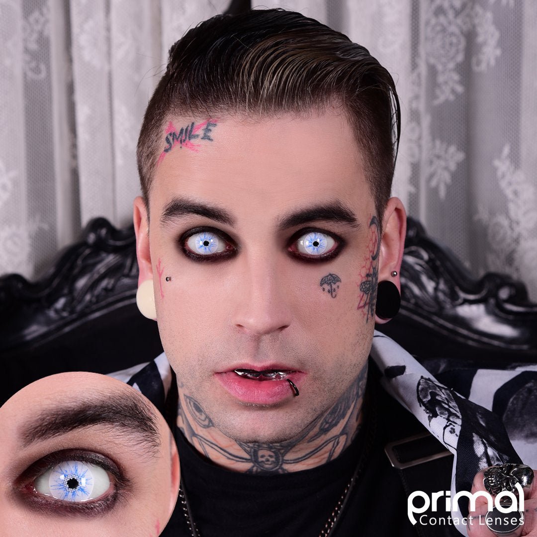Person wearing Thor white colored contact lenses with blue lightning lines across white background.