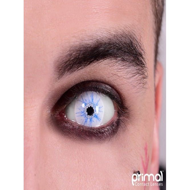 Eye close-up wearing Thor White Colored contact lenses with white base and blue lightning lines.