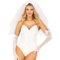 Tiered bridal veil with satin bow accent worn by bride.