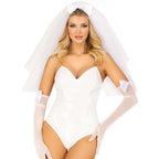 Tiered bridal veil with satin bow accent worn by bride.