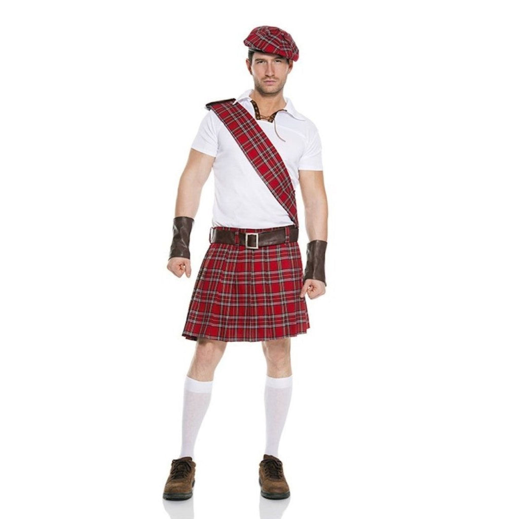 Traditional Scottish man costume: white lace-up collared shirt with red plaid kilt, hat, sash, belt, and gauntlets.