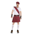 Traditional Scottish man costume: white lace-up collared shirt with red plaid kilt, hat, sash, belt, and gauntlets.