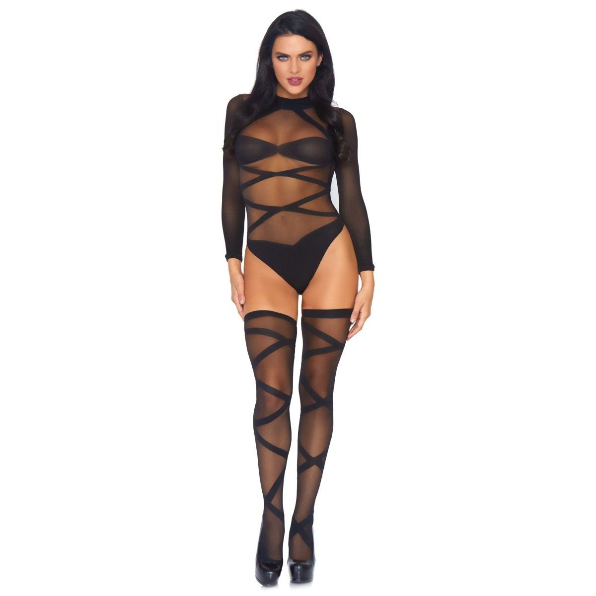 Truth Or Dare Bodysuit And Thigh Highs Set black sheer long-sleeve crisscross teddy with matching thigh-high stockings.
