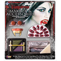 Vampire makeup kit with blood packet, scar wax, fake fangs, press-on nails, makeup palette, sticks, sponge.