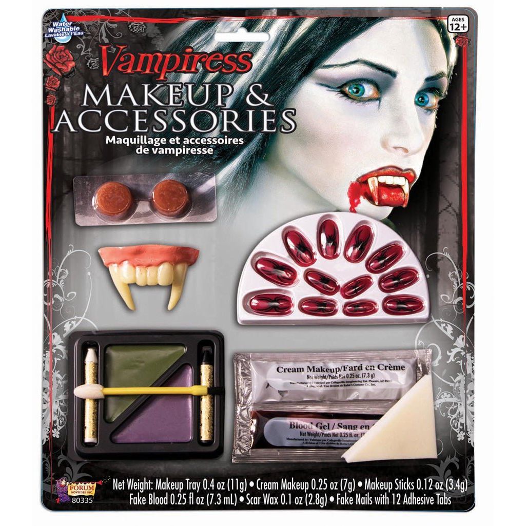 Vampire makeup kit with blood packet, scar wax, fake fangs, press-on nails, makeup palette, sticks, sponge.