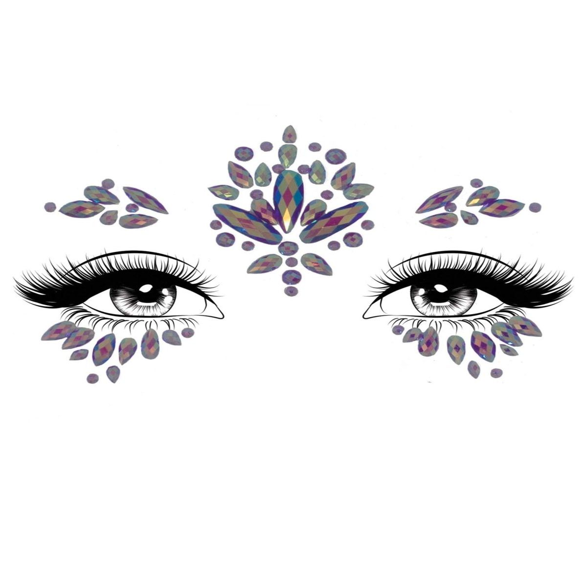 Verity iridescent adhesive face jewels sticker around eyes and forehead for festival makeup.