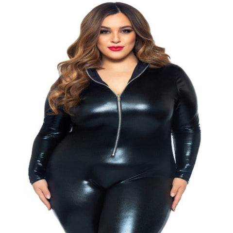 Wet Look Faux Leather Zipper Front Catsuit - worldclasscostumes